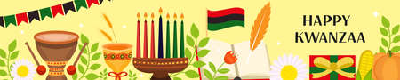Happy Kwanzaa banner. African American holiday festival template for your design with kinara. Vector illustration.のイラスト素材