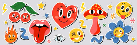 Abstract shapes, funny comic cute characters and doodles stickers patches badges. Trendy modern style emoticons set. Vector illustration.のイラスト素材