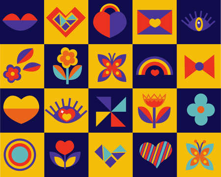 Geometric abstract Bauhaus love set. Valentines day collection of modern design elements with heart, flower, butterfly, geometric shapes. Vector clip artのイラスト素材