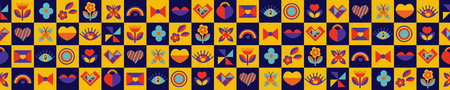 Geometric abstract Bauhaus love seamless pattern. Valentines day endless texture, retro background. Vector illustrationのイラスト素材