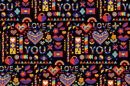 Geometric abstract Bauhaus love seamless pattern. Valentines day endless texture, retro background....