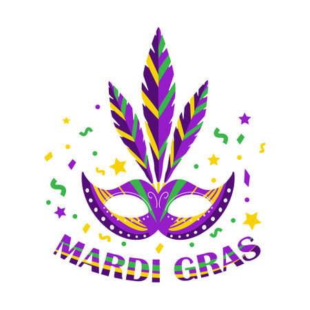 Mardi Gras Party Mask Poster. Mask with feathers isolated on white background. Carnival masquerade template for your design. Vector illustrationのイラスト素材