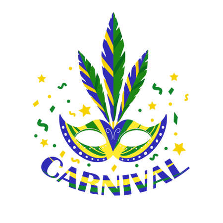 Brazilian Carnival Party Mask Poster. Mask with feathers isolated on white background. Carnival masquerade template for your design. Vector illustrationのイラスト素材