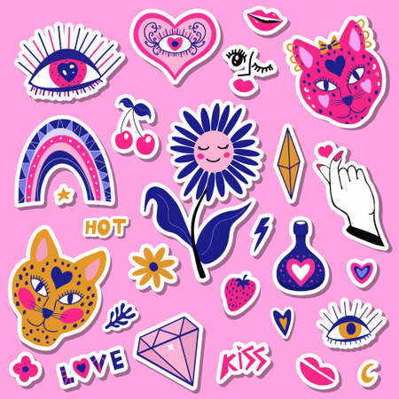 Mystic boho love modern abstract trend style stickers icons, patches badges with hearts and eyes. Valentines day, romance concept for cards, posters. Vecto illustration, clip artのイラスト素材
