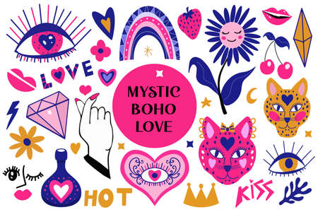 Mystic boho love modern abstract trend style stickers icons, patches badges with hearts and eyes. Valentines day, romance concept for cards, posters. Vecto illustration, clip artのイラスト素材