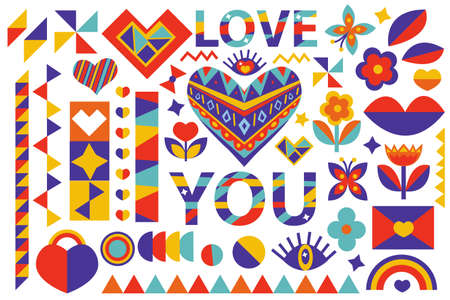 Geometric abstract Bauhaus love set. Valentines day collection of modern design elements with heart, flower, butterfly, geometric shapes. Vector clip artのイラスト素材