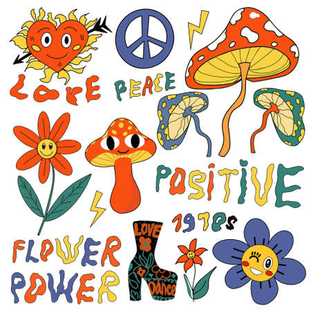 Psychedelic retro funny stickers 70s-80s doodle style. Hippie retro vintage icons, Flowers power, mushrooms, peace. Vector illustrationのイラスト素材
