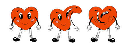 Retro love crazy and smeared heart smiley face. Distorted red heart. Hippie groovy smile character vector set. Valentine day concept. Vector illustrationのイラスト素材
