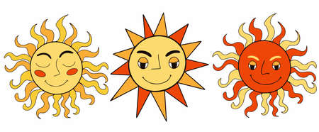 Retro sun smiley face. Hippie groovy smile character vector set. Mystical boho sun face mascot. Vector illustrationのイラスト素材