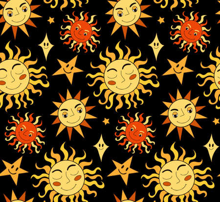 Retro sun smiley face seamless pattern. Hippie groovy repeating texture. Mystical boho sun...