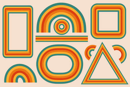 Rainbow shapes and frames retro 70s set for your design. Hippie psychedelic design elements. Vector illustrationのイラスト素材