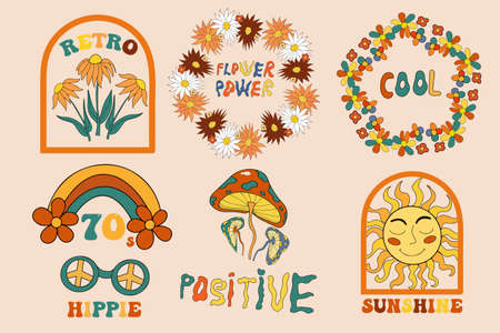 Retro 70s lettering and frames set for your design. Hippie groovy psychedelic design elements. Vector illustrationのイラスト素材