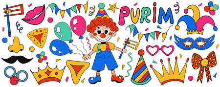 Happy Purim carnival set of design elements, icons. Purim Jewish holiday, isolated on white background. Vector illustration clip-artのイラスト素材