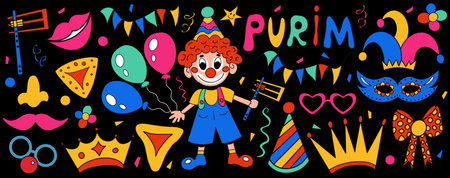 Happy Purim carnival set funny costume elements, icons for the party. Purim Jewish holiday props for masquerade, photo shoot .Vector clip artのイラスト素材
