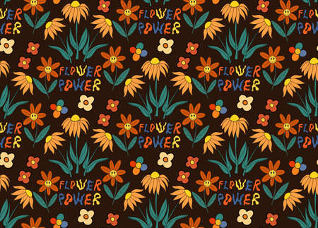 Retro flowers 70s seamless pattern. Hippie flower power repeating texture, background. Vector illustrationのイラスト素材