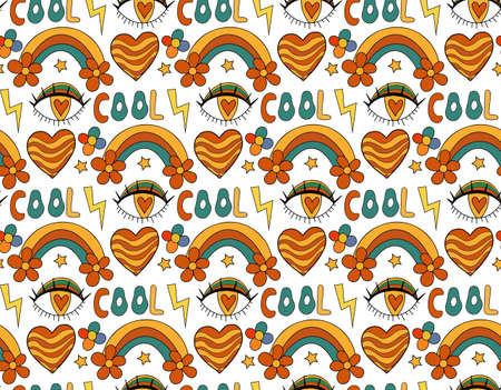Retro rainbow eye 70s seamless pattern. Hippie repeating texture, background. Vector illustrationのイラスト素材