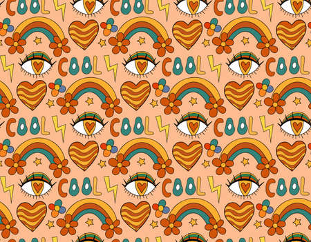 Retro rainbow eye 70s seamless pattern. Hippie repeating texture, background. Vector illustrationのイラスト素材