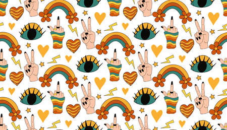 Retro rainbow eye 70s seamless pattern. Hippie repeating texture, background. Vector illustrationのイラスト素材