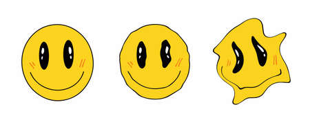 Retro melting crazy and dripping smiley face. Distorted yellow face. Hippie groovy smile character vector set. Vector illustrationのイラスト素材