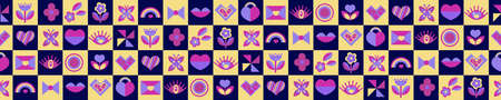Geometric abstract Bauhaus love seamless pattern. Valentine s day endless texture, retro background. Vector illustrationのイラスト素材