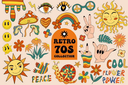Retro 70s vibe, hippie stickers, psychedelic groovy elements. Cartoon funky flowers, rainbow, vintage hippy style element. Vector illustrationのイラスト素材
