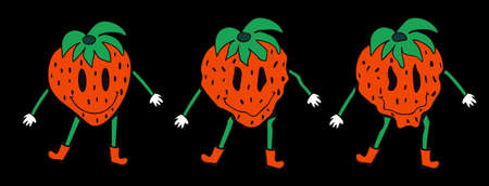 Retro funny strawberry crazy and smeared with smiley face. Distorted fruit. Hippie groovy smile character vector set. Vector illustration.のイラスト素材