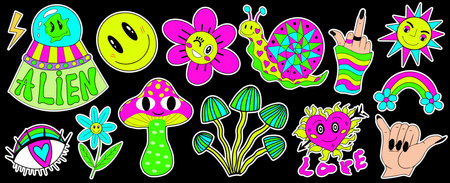 Psychedelic hipster set. Retro 70s, hippie stickers, groovy elements. Cartoon funky flowers, rainbow, vintage hippy style. vector illustrationのイラスト素材