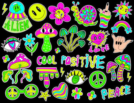 Psychedelic hipster set. Retro 70s, hippie stickers, groovy elements. Cartoon funky flowers, rainbow, vintage hippy style. vector illustrationのイラスト素材