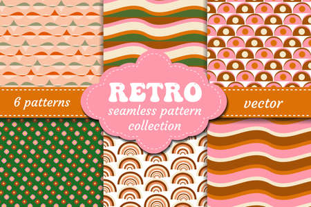 Retro 70s seamless colorful geometric pattern set. Endless texture, retro background. Vector illustrationの写真素材