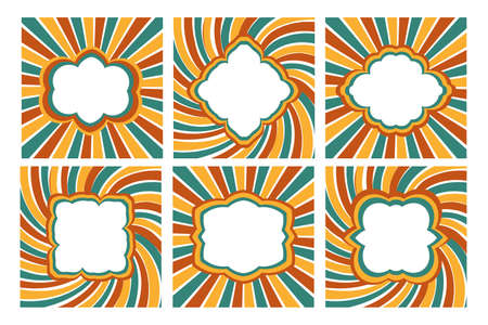 Rainbow frames set 70s psychedelic hippie style. Vintage frame 1970s groove. vector illustrationのイラスト素材
