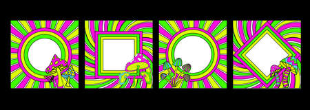 Rainbow neon acid colors frames set 70s psychedelic hippie style. Vintage frame with mushrooms 1970s...