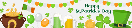 St. Patricks Day Banners with Leprechaun hat, pot and beerのイラスト素材