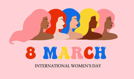 Poster 8 march, International Womens Day. Vector illustration with women different nationalities and cultures. Template for your design retro 70s hippie styleのイラスト素材