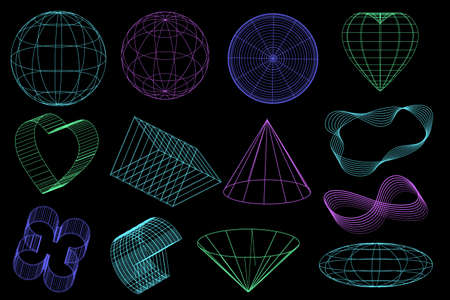 Mesh abstract shapes with globe in minimal style set. Futuristic elements and retrofuturistic shapes. Set of neo memphis, vaporwave. vector illustrationのイラスト素材
