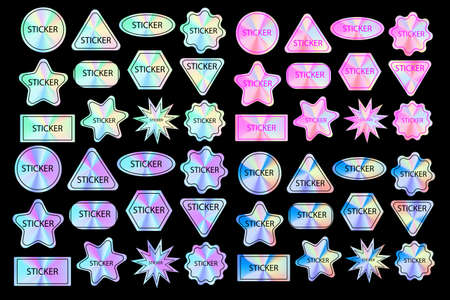 Holographic quality stickers set. Geometric shapes hologram labels, guarantee badges. Rainbow certificate seals. Vector modern trend designの写真素材