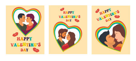 Happy Valentines Day retro 70s poster set with kissing couple in love. World Kiss Day. Abstract modern hippie illustration of love. Vectorのイラスト素材