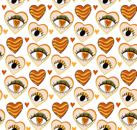 Retro 70s Seamless pattern for Valentines Day. Hand drawn Hearts with big eyes. Vector illustration.のイラスト素材