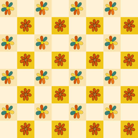 1970s groovy seamless pattern with geometric tiled flowers. Retro, psychedelic, floral background...