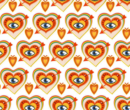 Retro 70s Seamless pattern for Valentines Day. Hand drawn Hearts with big eyes. Vector illustration.のイラスト素材