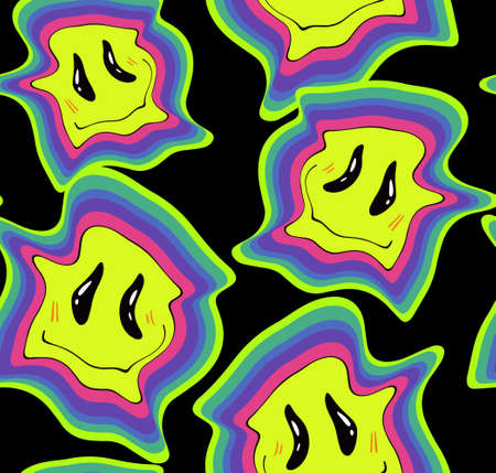 Funny crazy melt smile smiley faces, seamless pattern. Hippie groovy smile. Vector illustrationのイラスト素材