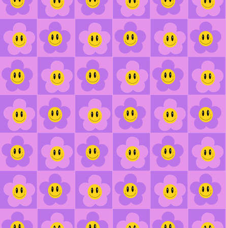 Cute funny kawaii smile face flowers seamless pattern.Positive vintage smiley smile face camomile flower seamless pattern. Vector illustration.のイラスト素材