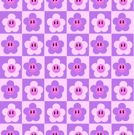 Cute funny kawaii smile face flowers seamless pattern.Positive vintage smiley smile face camomile flower seamless pattern. Vector illustration.のイラスト素材