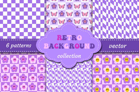 Flower power and checkerboard print, seamless pattern distortion set in Very Pery lilac. 1970s groovy design with geometric tiled flowers. Trendy hipster backgrounds collection. Vector illustrationの写真素材