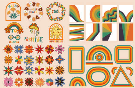 Big retro 70s set with flowers, rainbow posters, rainbow frames, t-shirt design templates. psychedelic trippy groovy elements. Cartoon funky vintage hippy style.Vector illustrationのイラスト素材