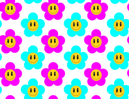 Smile emoji face in flower seamless pattern ,groovy fashion. Flower powerbackground. Vector illustration.のイラスト素材