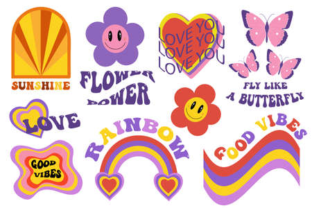 Retro 70s, hippie sticker objects set, psychedelic trippy groovy elements for t-shirts. Cartoon funky vintage hippy style element. vector illustration, clip artのイラスト素材