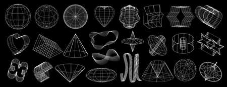 Mesh abstract shapes with globe in minimal style set. Futuristic elements and retrofuturistic shapes. Set of neo memphis, vaporwave. vector illustrationのイラスト素材
