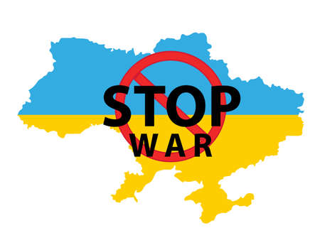 Map of Ukraine with the National Flag of Ukraine and sign calling for the stop war. Stop the war. Vectorのイラスト素材