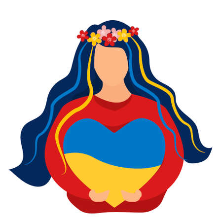The girl hugs a heart with the colors of the flag of Ukraine. stay with Ukraine concept. Support for Ukraine. No war. Ukraine in the heart. Vector illustration.のイラスト素材
