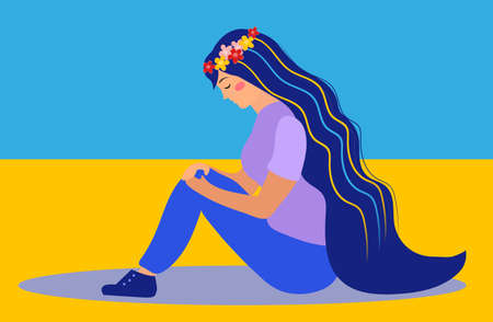 Crying ukrainian woman cry, Ukrainian flag. Poster, banner against the war in Ukraine. Vector illustrationのイラスト素材
